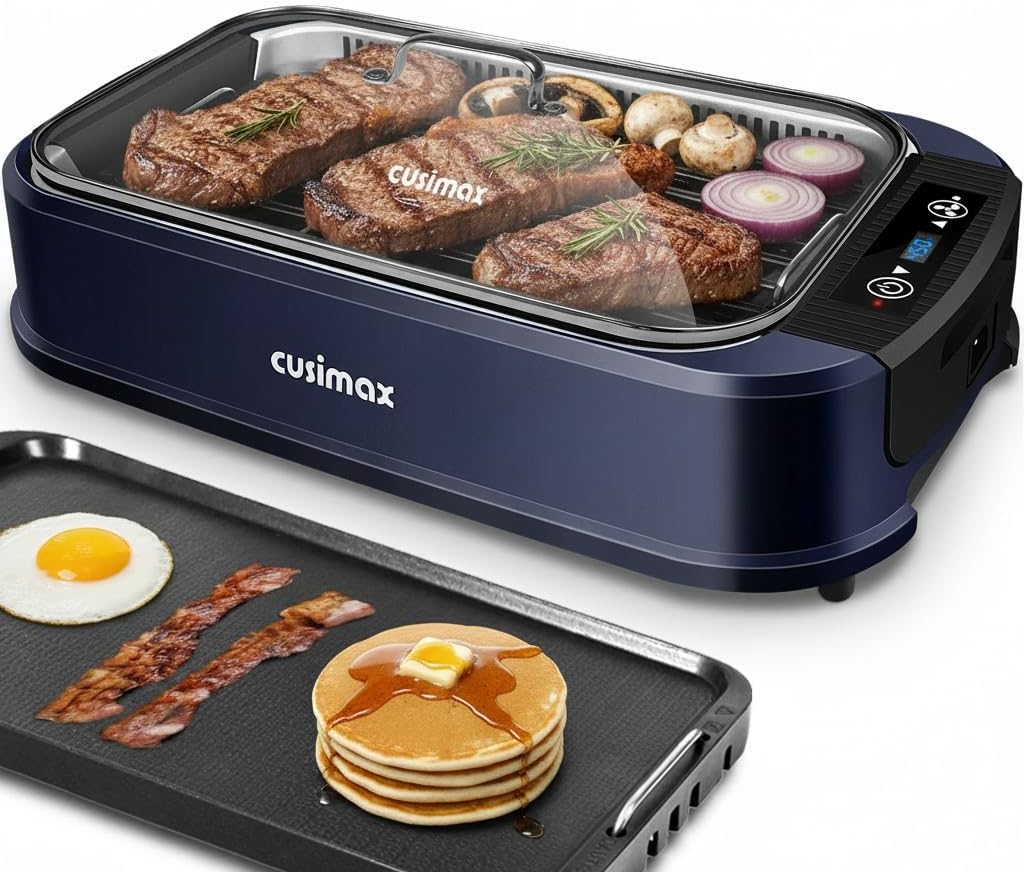 Indoor Grill, CUSIMAX Smokeless Grill Indoor, 1500W Electric Grill Griddle Korean BBQ with LED Smart Display & Tempered Glass Lid, Non-stick Removable Grill Plate & Griddle Plate, Black woonhhop