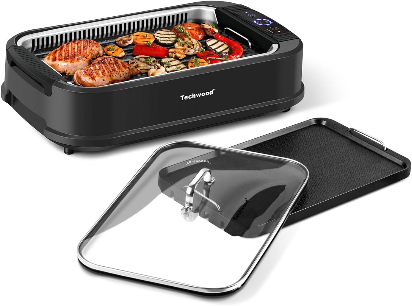 Indoor Grill, Techwood 1500W Smokeless Electric Grill with Tempered Glass Lid, Compact & Portable Non-Stick BBQ Grill with 6-Level Control, Dishwasher Safe, Black woonhhop