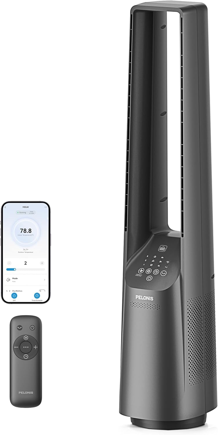 PELONIS 40" Smart Bladeless Fan for Bedrrom - Tower Fan, Alexa/Google/WiFi, DC Motor, 6 Speeds, 4 Modes, Remote, 7H Timer, 90° Oscillation, Safe for Home and Office woonhhop