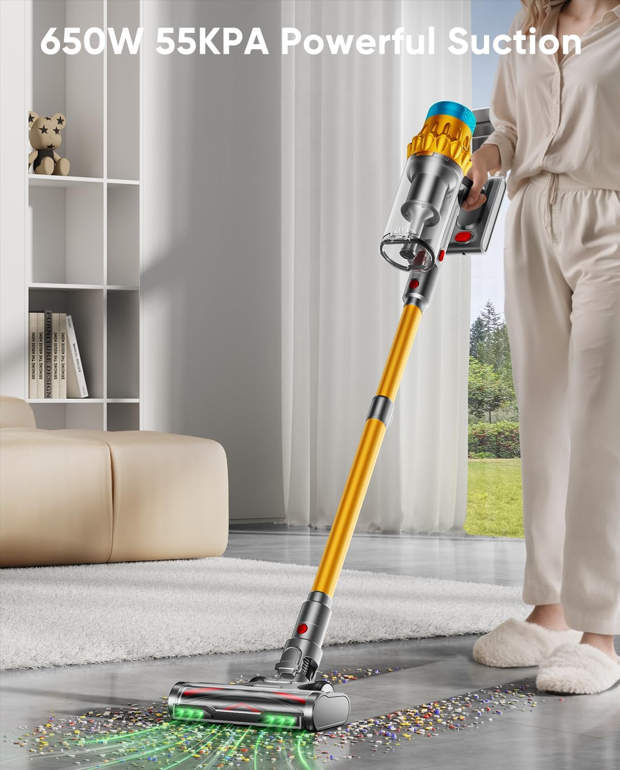 Cordless Vacuum Cleaner, 650W/55KPA/70 Mins Vacuum Cleaners for Home with Self-Standing, Anti-Tangle Brush, Smart Display and 1.8L Cup Cordless Stick Vacuum Cleaner for Pet Hair/Carpets woonhhop