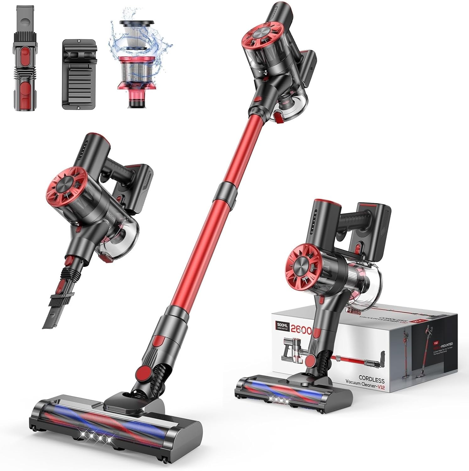 Cordless Vacuum Cleaner for Home, 80,000PRM Powerful 4 in 1 Lightweight Stick Vacuum with 2 Adjustable Suctions, Max 40 Mins Runtime, 2600mAh Rechargeable Vacuum Cleaners (Rave Red) woonhhop