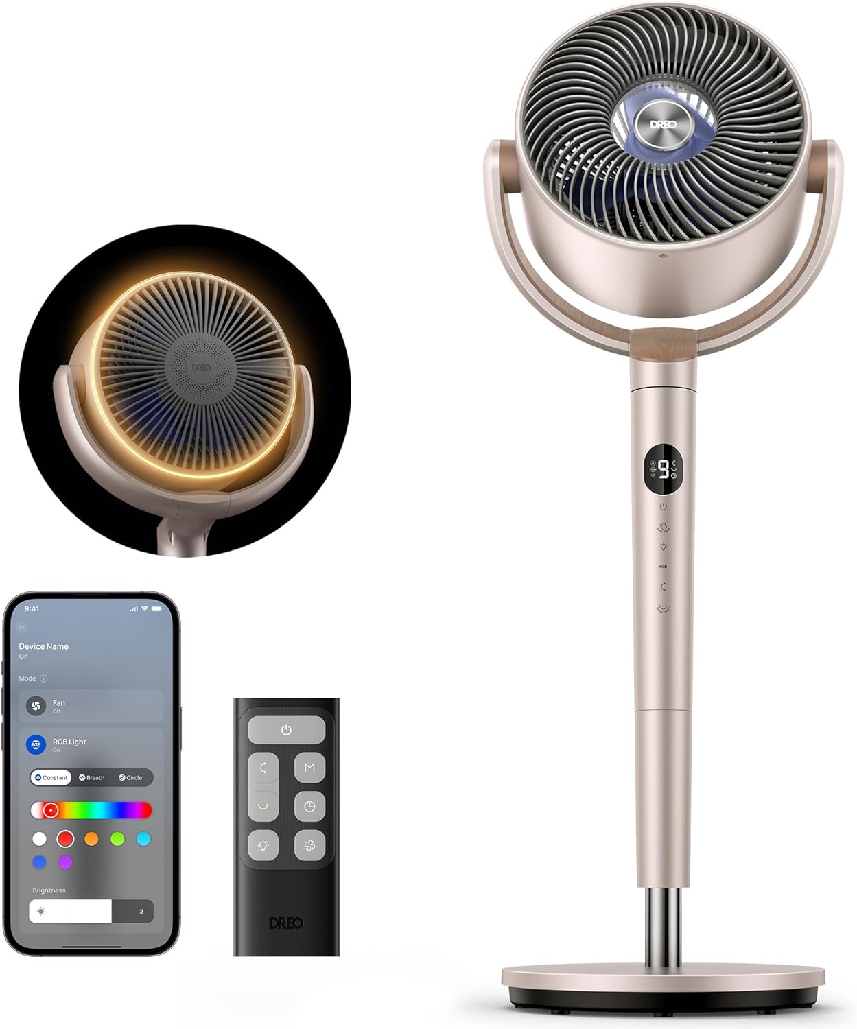 DREO Smart Fan for Bedroom, 120° +120° Omni-Directional Oscillating Fans, 100ft Quiet Pedestal Fan with RGB Light, 9 Speeds, 6 Modes, 20dB, 8H Timer, Wi-Fi/Voice/Alexa, 37-42" Floor Fans with Remote woonhhop