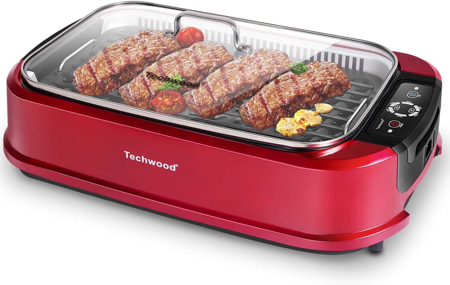 Indoor Grill, Techwood 1500W Smokeless Electric Grill with Tempered Glass Lid, Compact & Portable Non-Stick BBQ Grill with 6-Level Control, Dishwasher Safe, Black woonhhop