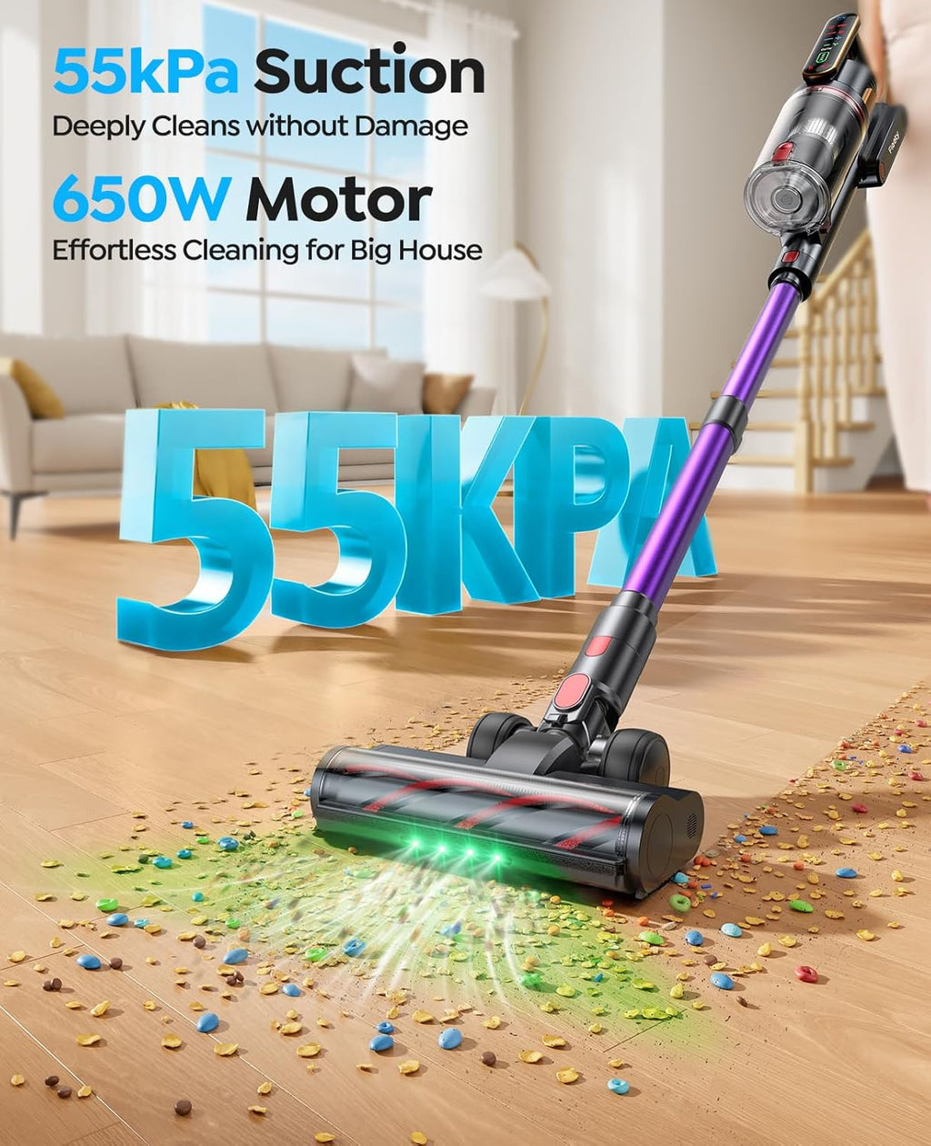 Cordless Vacuum Cleaner 55KPa 650W 70Mins Stick Vacuum Cleaners for Home with Pet Brush, 3.3Ft Hose, Wall Mount Charging, Auto Mode, Touchscreen, Self-Standing Vacuum for Pet Hair/Carpet/Car, Ultra10 woonhhop