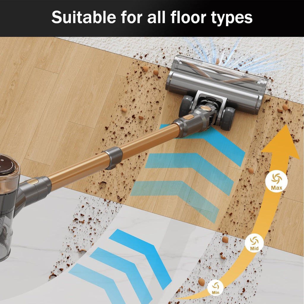 Cordless Vacuum Cleaner, 10-in-1 Lightweight Stick Vacuum with 45mins Runtime, Powerful Suction, LED Touch Screen, Rechargeable Vacuum Cleaners for Home Hardwood Floor Carpet Pet Hair (Gold) woonhhop