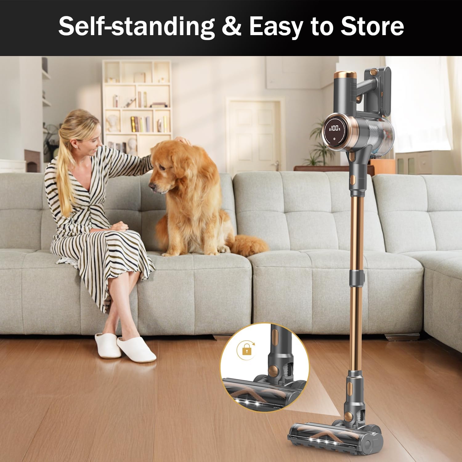 Cordless Vacuum Cleaner, 10-in-1 Lightweight Stick Vacuum with 45mins Runtime, Powerful Suction, LED Touch Screen, Rechargeable Vacuum Cleaners for Home Hardwood Floor Carpet Pet Hair (Gold) woonhhop