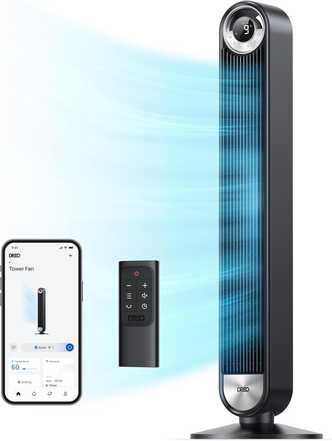DREO Tower Fan for Bedroom, 90° Oscillating Standing Fan with 28ft/s Velocity, 20dB Quiet for Sleep, DC Motor, 9 Speeds, 4 Modes, 12H Timer, Voice & APP & Remote Control, 42" Cruiser Pro T2 S woonhhop