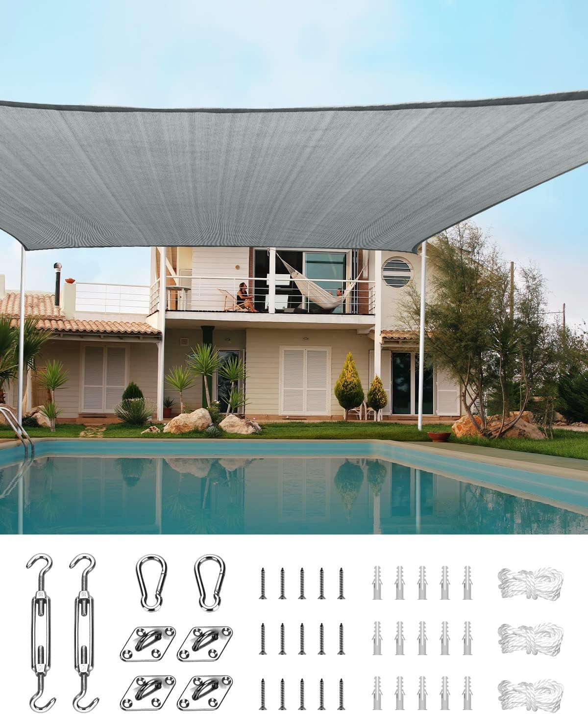 Quictent 20X20FT 185G HDPE Square Sun Shade Sail Canopy 98% UV Block Outdoor Patio Garden with Hardware Kit (Brown) woonhhop