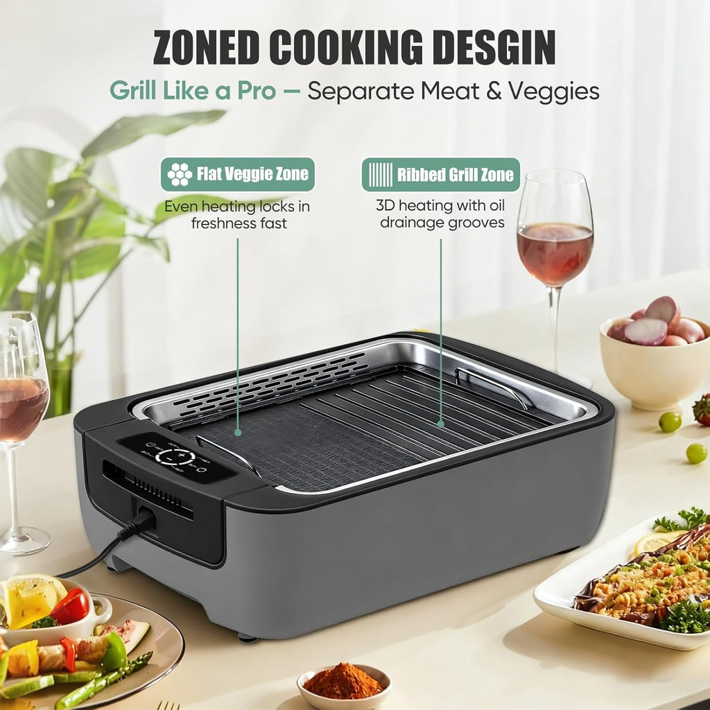 Smokeless Indoor Grill, Electric Indoor Grill for Korean BBQ with Dual-Turbo Smoke Extractor, LED Smart Display & Dual-Zone Nonstick Grill Plates, 6-Level Temp Control, Dishwasher Safe woonhhop