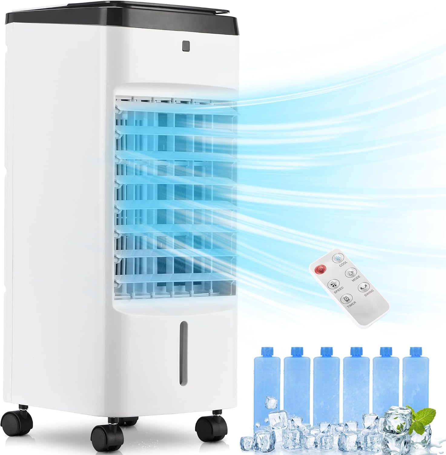 Uthfy Portable Air Conditioners, 3 IN 1 Evaporative Air Cooler with Detachable Water Tank, 6 Ice Packs, 12H Timer, 120° Oscillation, Remote, 3 Speeds, 4 Modes, Swamp Cooler for Bedroom, Office woonhhop