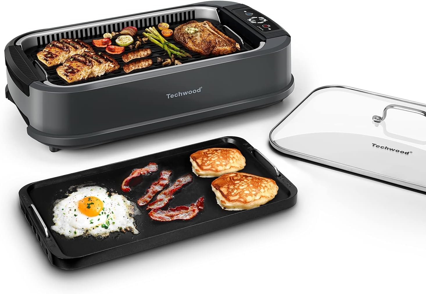 Indoor Grill, Techwood 1500W Smokeless Electric Grill with Tempered Glass Lid, Compact & Portable Non-Stick BBQ Grill with 6-Level Control, Dishwasher Safe, Black woonhhop