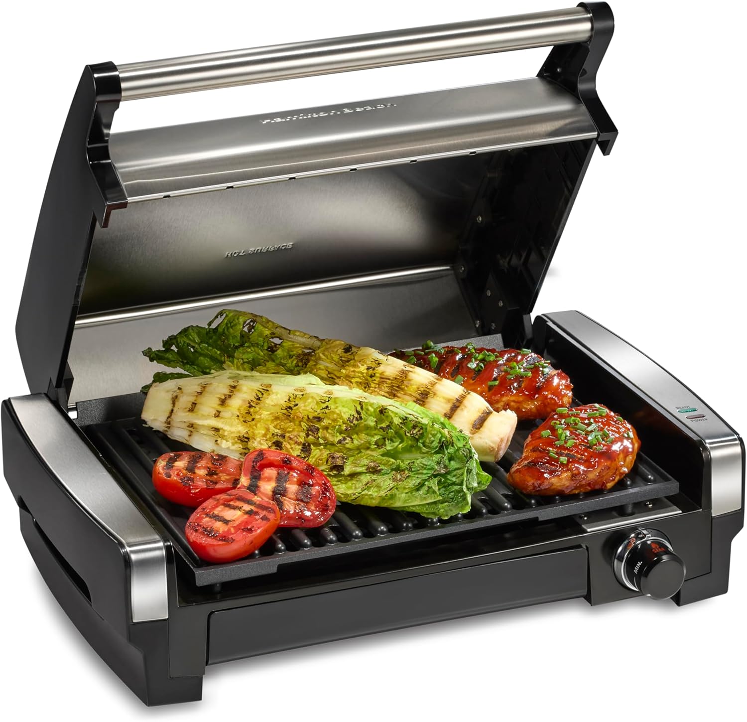 Hamilton Beach Electric Indoor Searing Grill with Viewing Window & Adjustable Temperature Control to 450F, 118 sq. in. Surface Serves 6, PFAS-Free Removable Nonstick Grate, Stainless Steel woonhhop