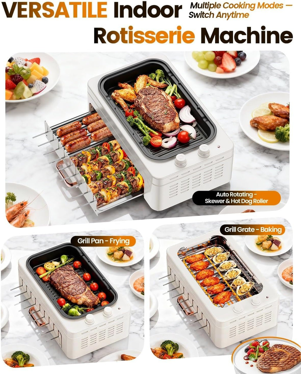 4-in-1 Electric Indoor Grill Smokeless for Home,Countertop Electric Grill with Removable Sizzling Grill Pan & Grate + Auto Rotating Kabob Skewers + Electric Hot Dog Roller Dual Zone Cook with Lid woonhhop