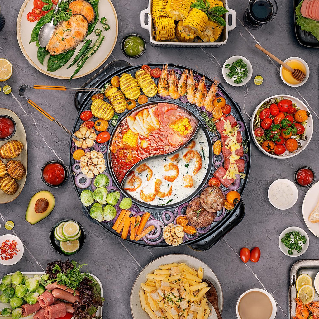 Food Party Hot Pot with Grill 2 in 1 Electric Smokeless Grill and Hotpot Pot Combo Korean BBQ Grill 110V 1700W woonhhop